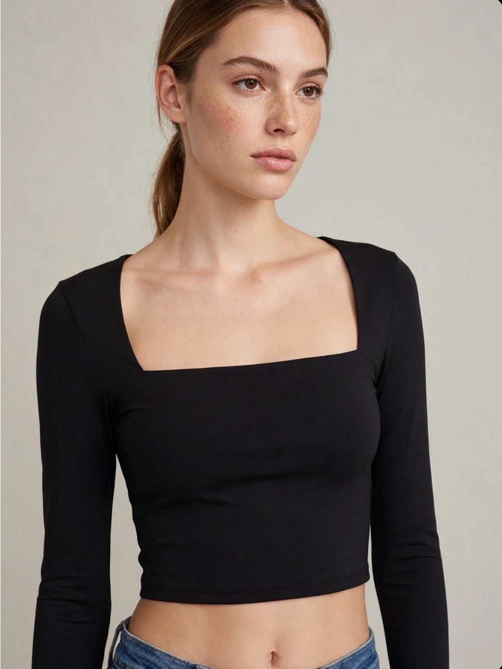 REORIA Black Square Neck Long Sleeve Crop Top Size M - Y2K Fitted Going Out